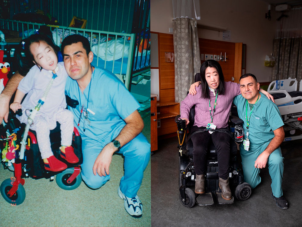 Two photos: left photo shows a young child sitting on a wheelchair, along with an adult. Right photo shows an adult on a wheelchair with another adult to the right.
