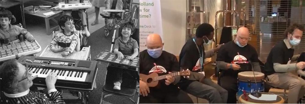 Left photo: black and white with some children learning music while an adult playing piano. Right photo: Some adults on their mask on, playing music with drums and guitar.