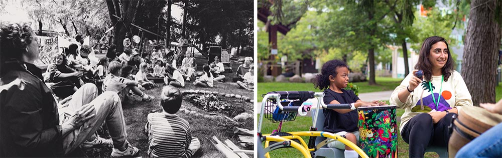 Left photo: black and white, some adults attending an outdoor concert. Right photo: two children playing music in an outdoor setting.