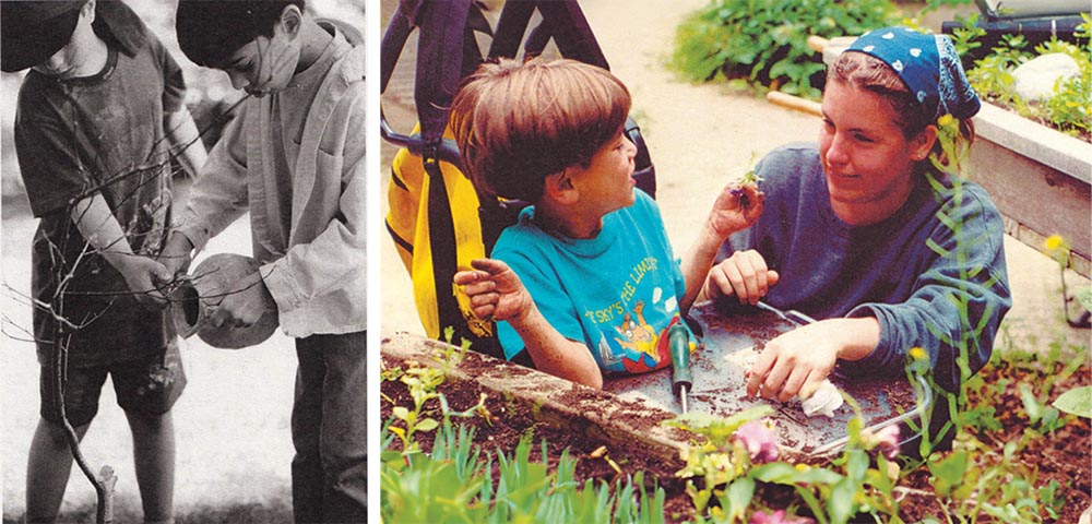 Left photo: black and white photo with two children planting a tree. Right photo: an adult is guiding a child on wheelchair to plant a tree