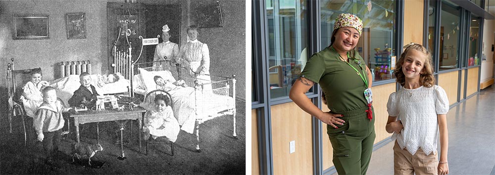 Left: Photo of children living at the“Home for Incurable Children,” annual report, 1910. Right: Photo of client and clincian in front of the inpatient therapeutic playroom, 2023.