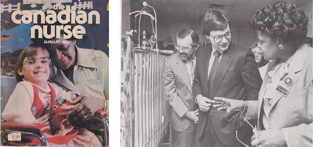 Left: Doreth Williams and client on cover of Canadian Nurse magazine, January 1981. Right: Doreth Williams meeting Health Minister Murray Elston during his visit to Bloorview in 1985.