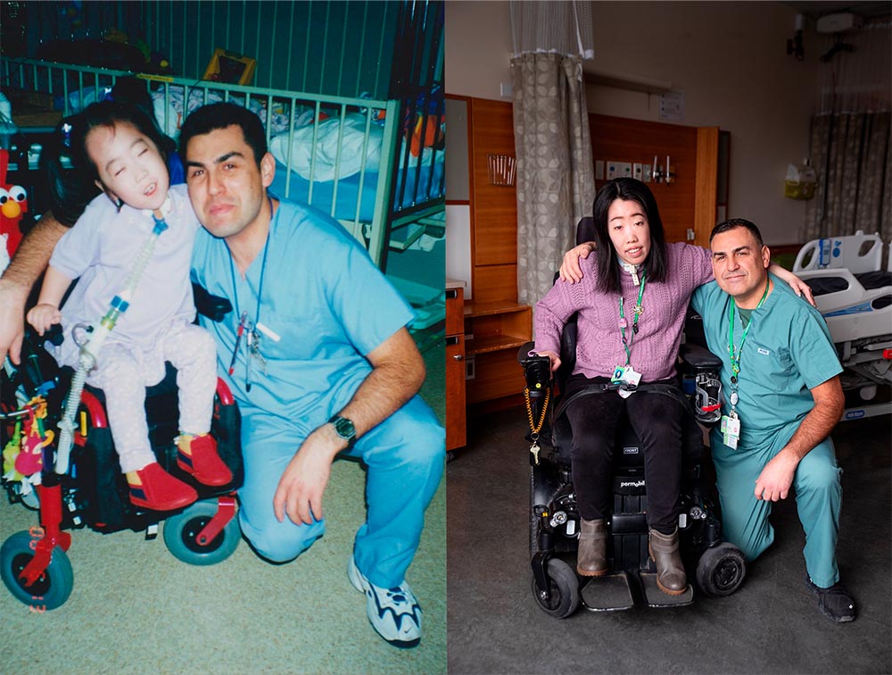 Left: Emily Chan and nurse Jorge Santos, 1997. Right: Emily Chan, now a social worker at the hospital with nurse Jorge Santos, 2024.