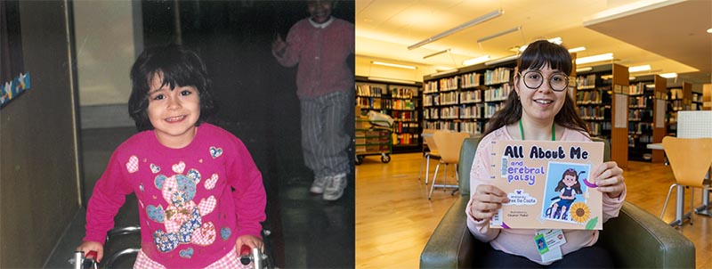 Left: Desiree at four years old, 1998. Right: Desiree with her book ‘All About Me and Cerebral Palsy,’ 2024.