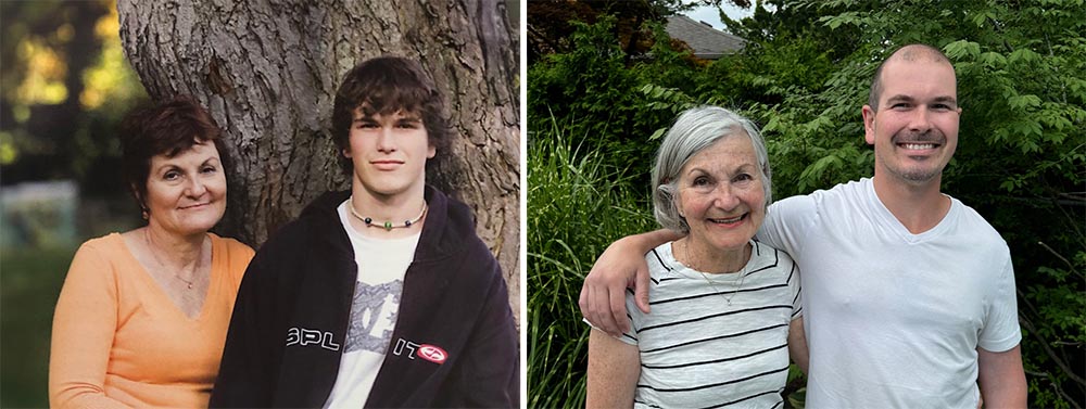 Two photos. Left: A mother and a teenager soon. Right: A mother and a grown up son in his late 30.