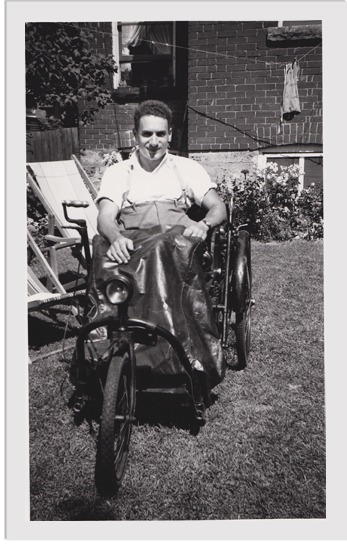 Manuel Price on his motorcycle, 1940s.